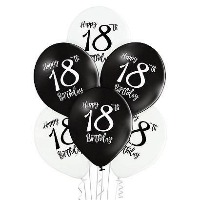 Balony 6szt. Happy Birthday 18 czarno białe | 42-88