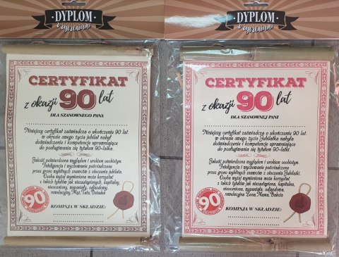 Dyplom certyfikat 90-lat