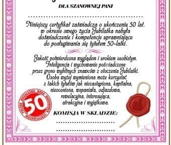 Dyplom certyfikat 50 lat Pani | D65