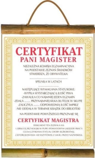 Dyplom Certyfikat Pani magister