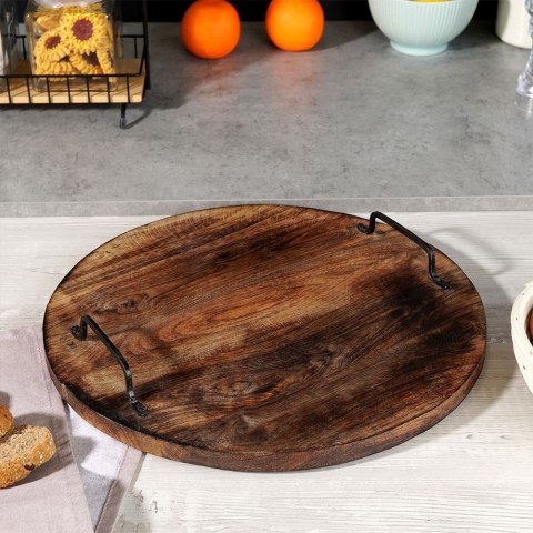 Deska drewniana do krojenia serwowania okrągła taca z uchwytami 39-40 cm Deska drewniana do krojenia serwowania okrągła taca z uchwytami 39-40 cm